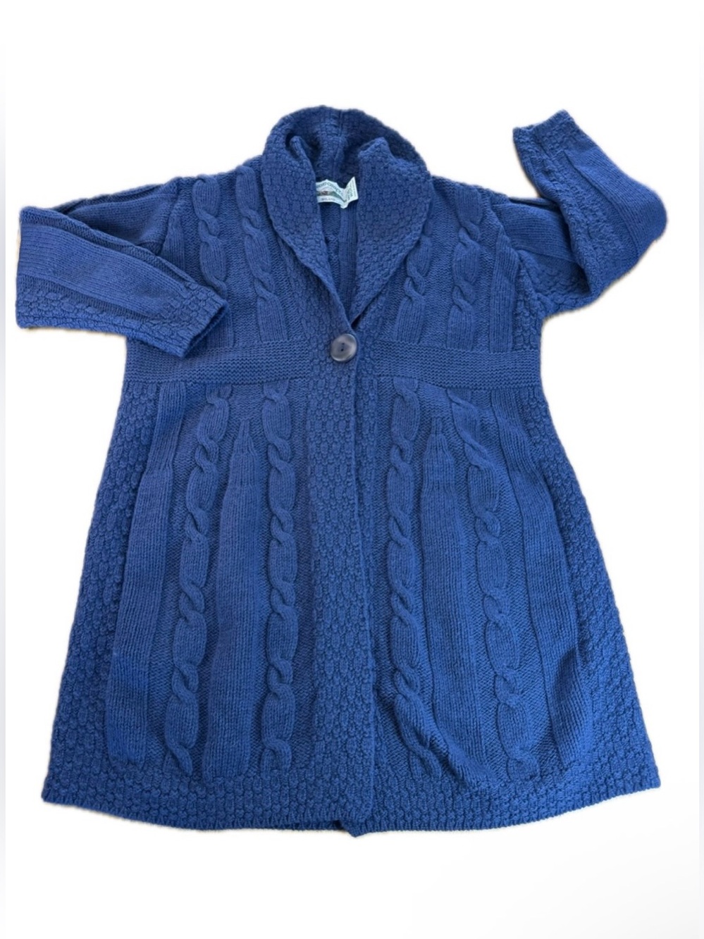 Aran Crafts Ireland Merino Wool Cable Knit Cardigan Coat Blue Shawl Collar M